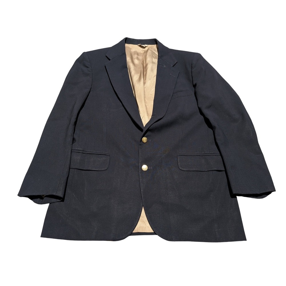 Metropolis Mens‎ Navy Blue 100% Wool 2-Button Blazer Gold Crest Made in USA